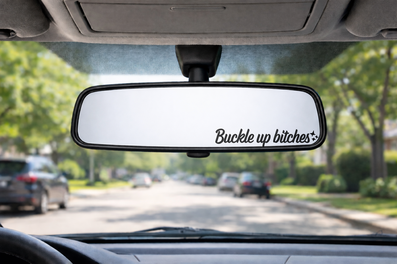 Car interior with a rearview mirror featuring "Buckle up bitches" text.